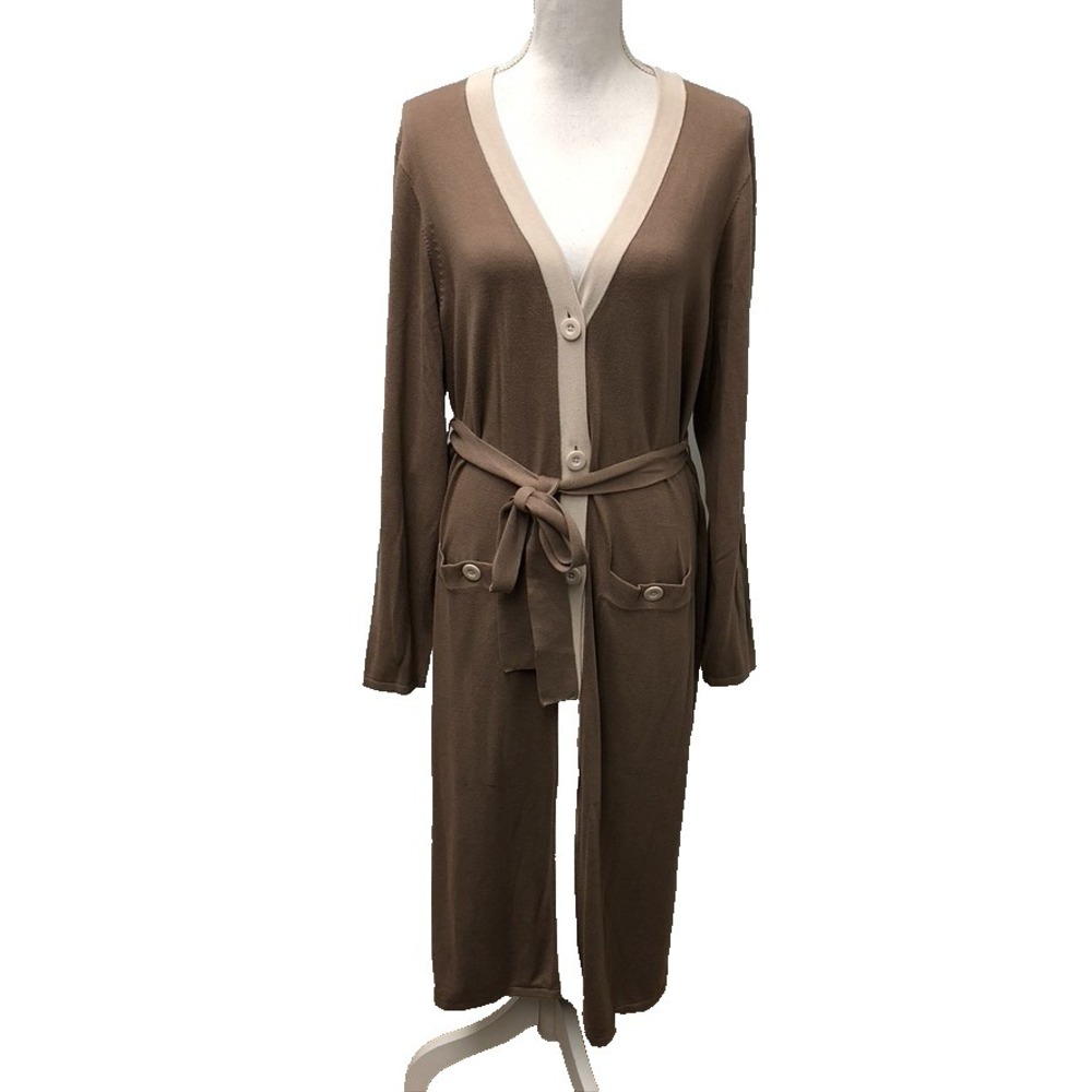Cabi Genteel Cardigan‎ Sweater Jumper Womens XL Beige Long Button Lagenlook Belt